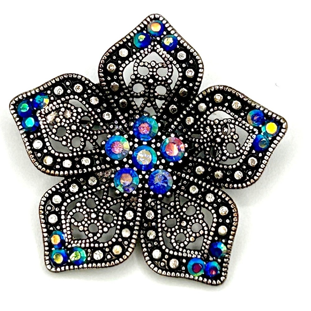 Flower Brooch Pin Silver Tone Aurora Borealis Rhinestone Filigree Floral 1.75in